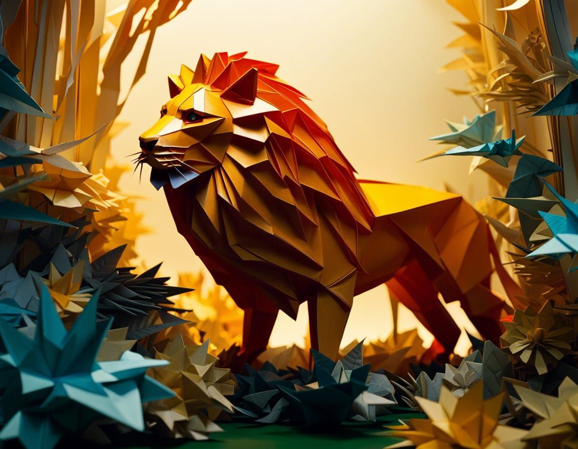 Origami Lion in Paper Jungle Scene