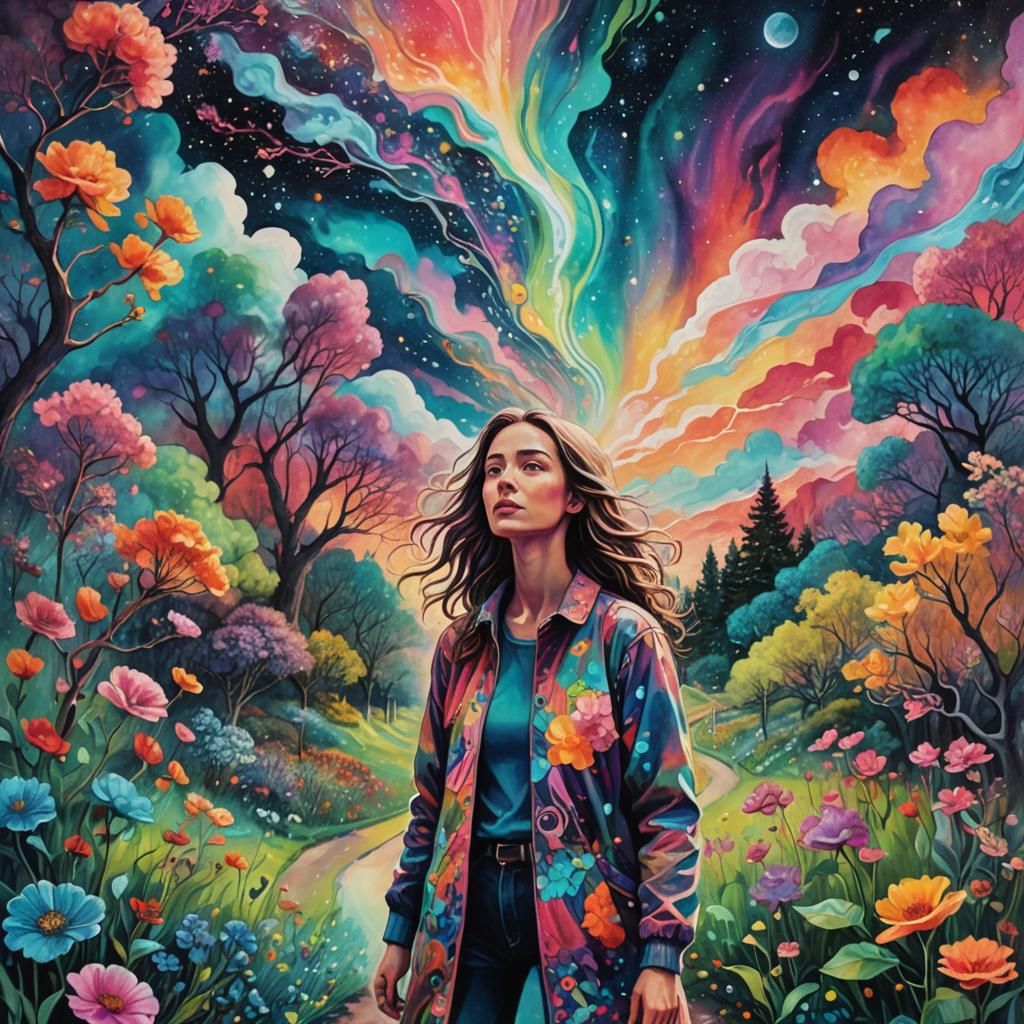 Surreal Cosmic Garden Illustration in Mixed Media