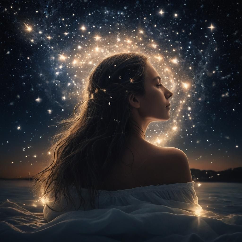 Woman Bathes Under Stars with Fireflies