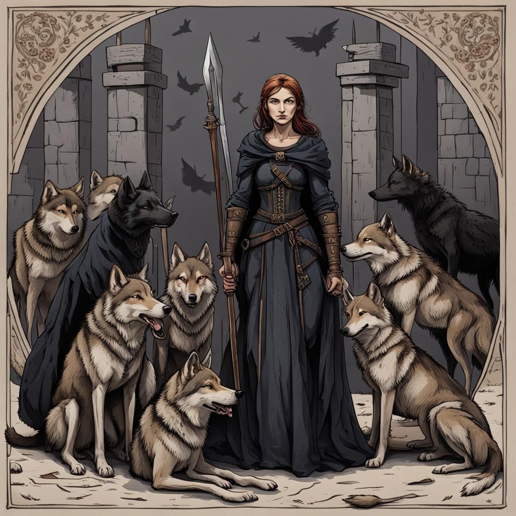 Medieval Woman Warrior with Wolves