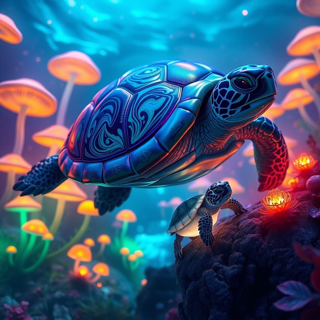 Turtle Family in Bioluminescent Fantasy Landscape