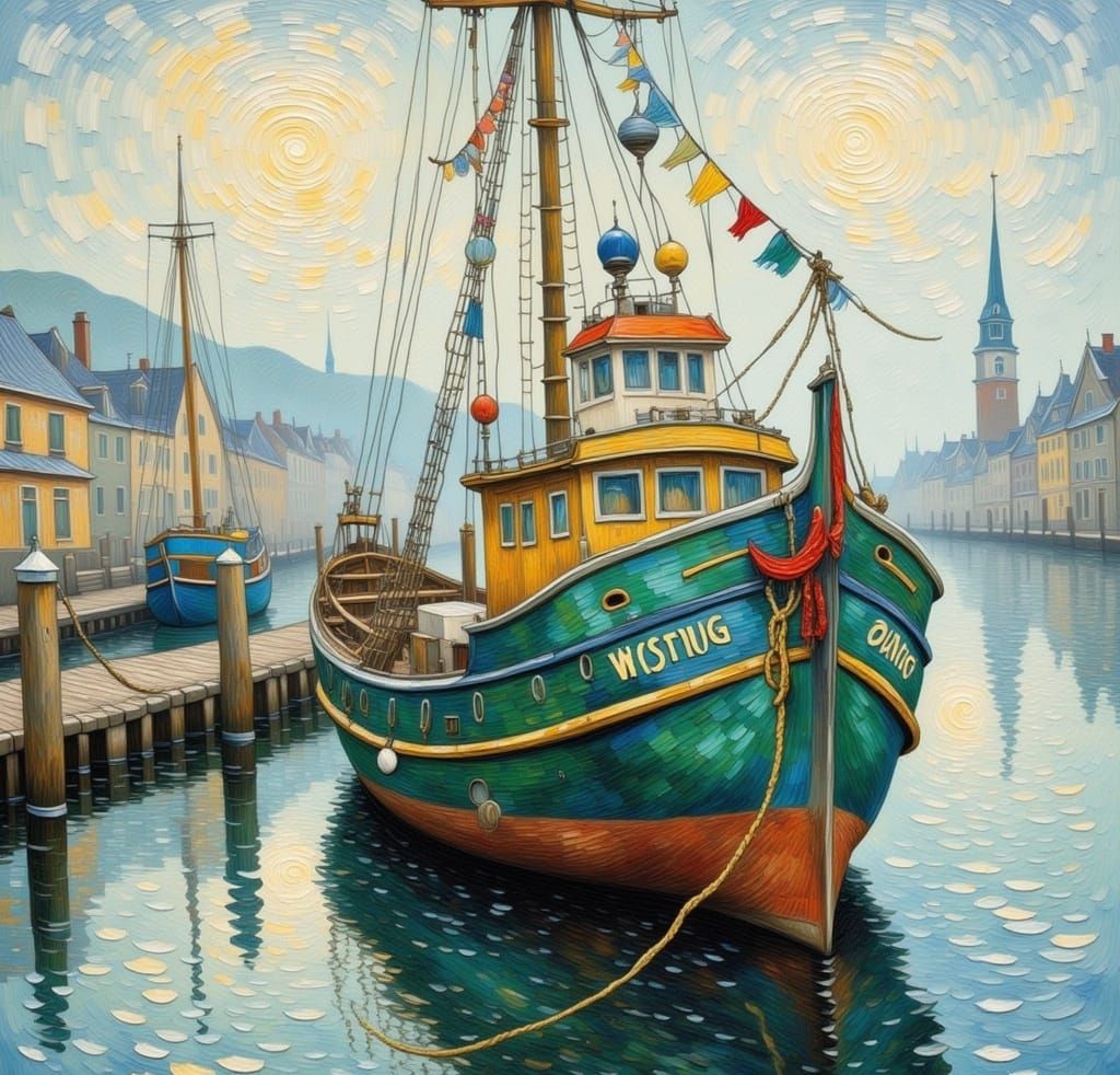 A close-up of a weathered fishing boat docked in a serene, misty harbor during a quiet...