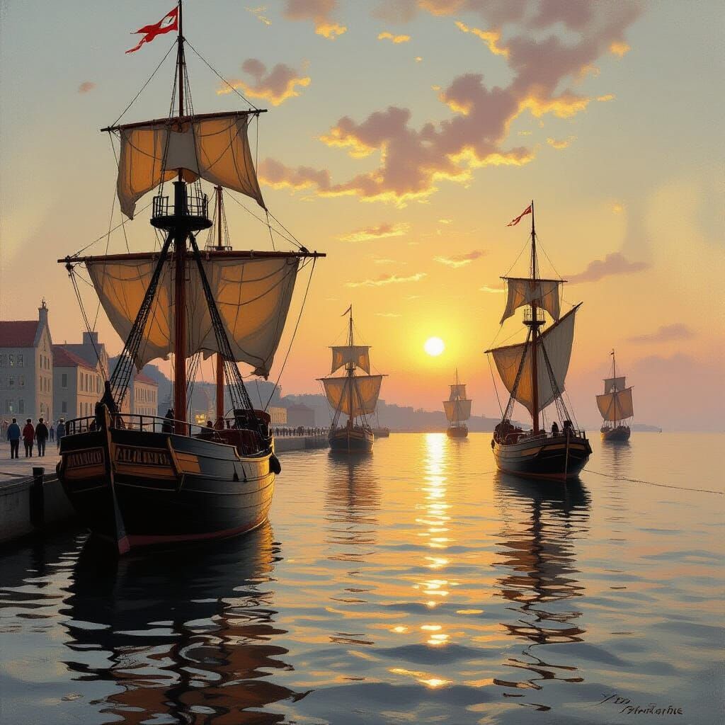 English Harbor with Galleons in 19th Century Style