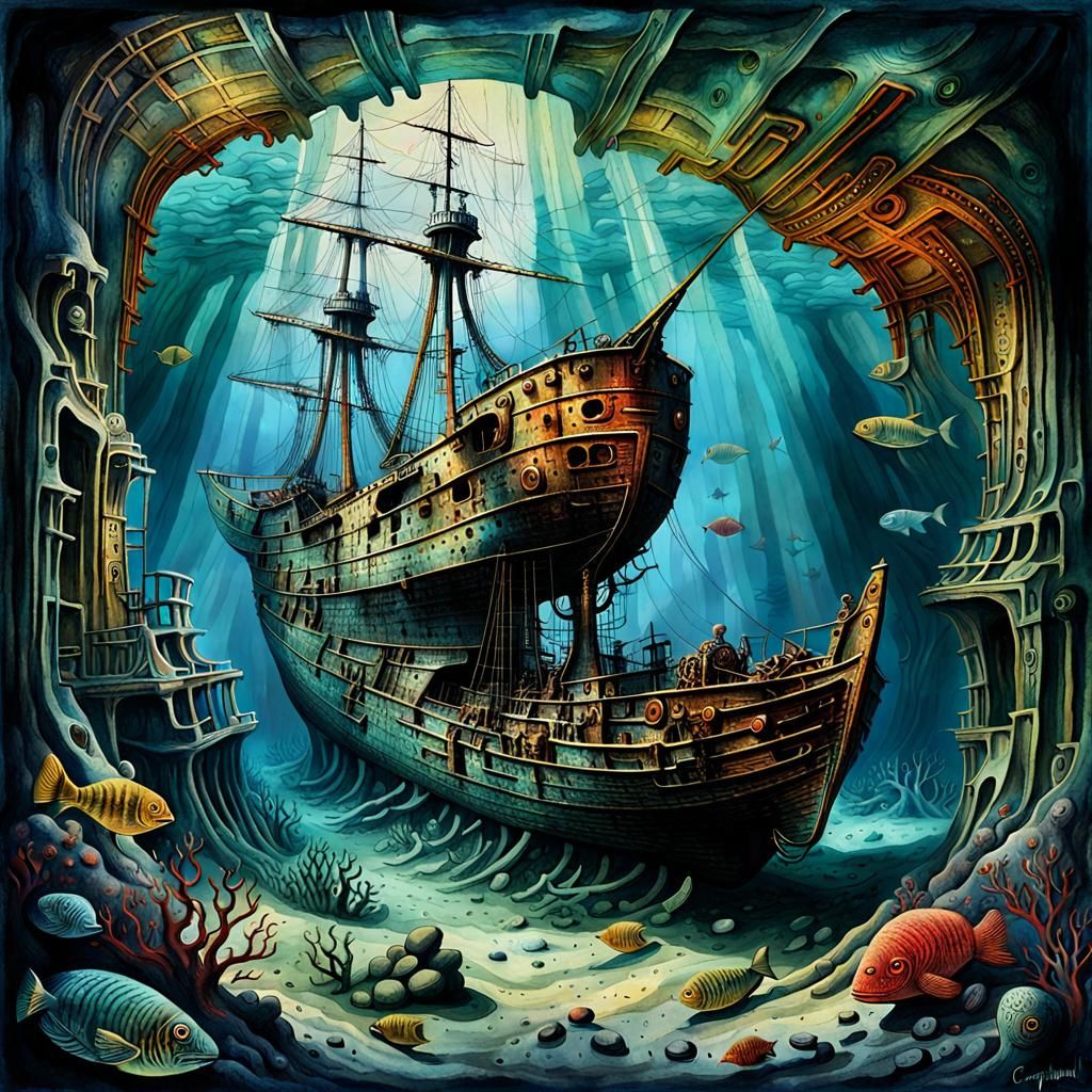 Surreal Underwater Shipwreck in Dreamlike Magical Realism