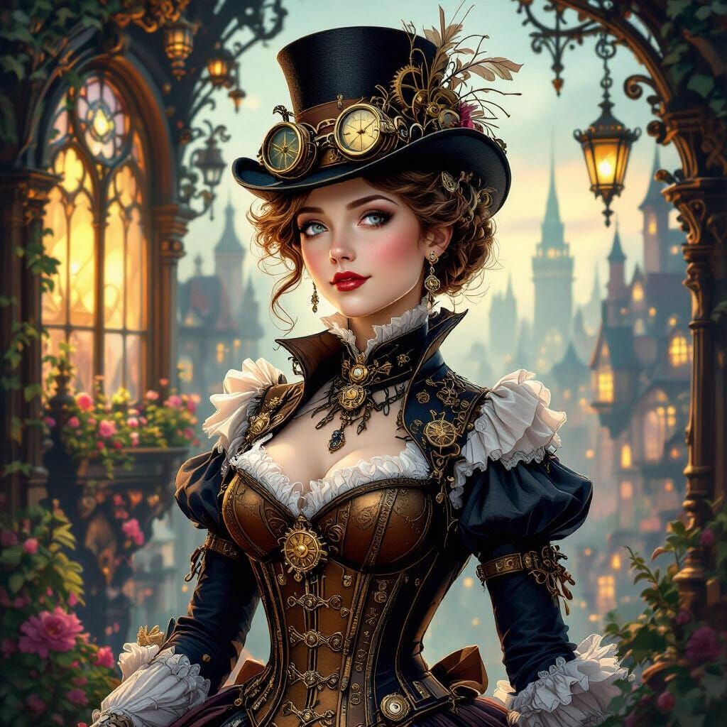 Steampunk Victorian Lady in Fantastical Cityscape
