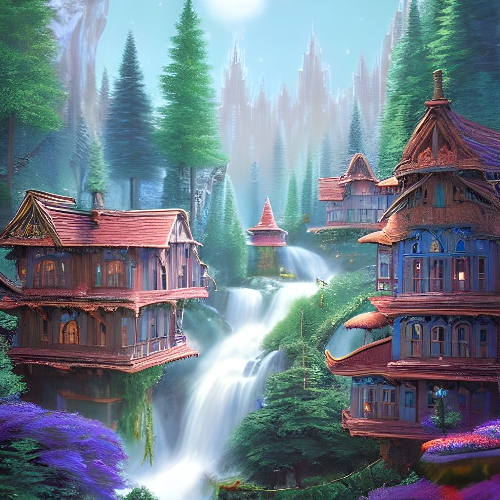 Elven City with Turquoise Rooftops in Lush Forest