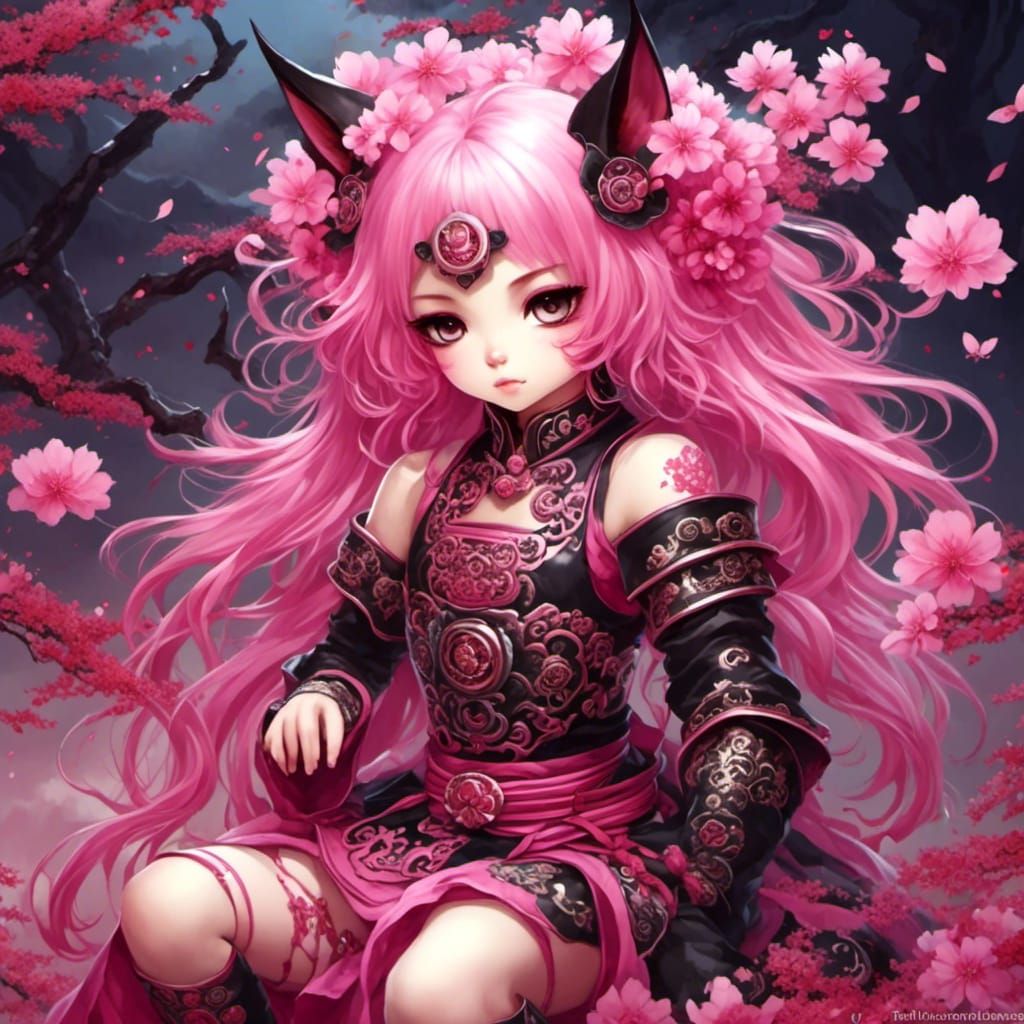 Anime Pink Neko Samurai in Dreamy Sakura Scene