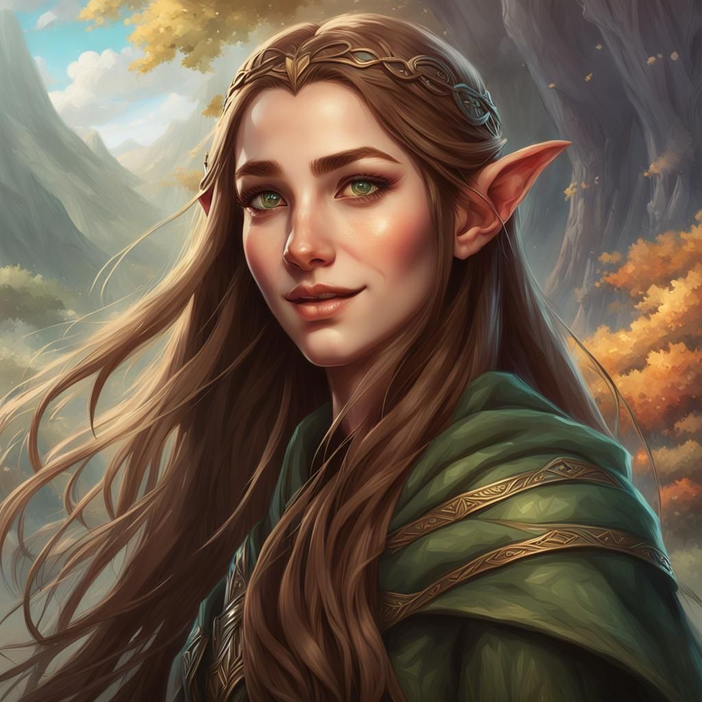 A beautiful 21 year old elven women with long brown hair and...