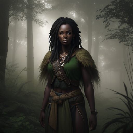Young Black Woman in Lush Forest Landscape