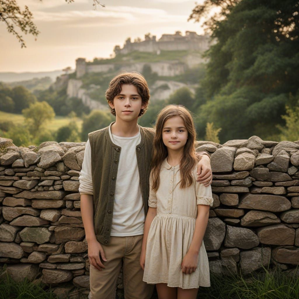 Siblings Standing Before a Weathered Stone Wall in a Serene ...