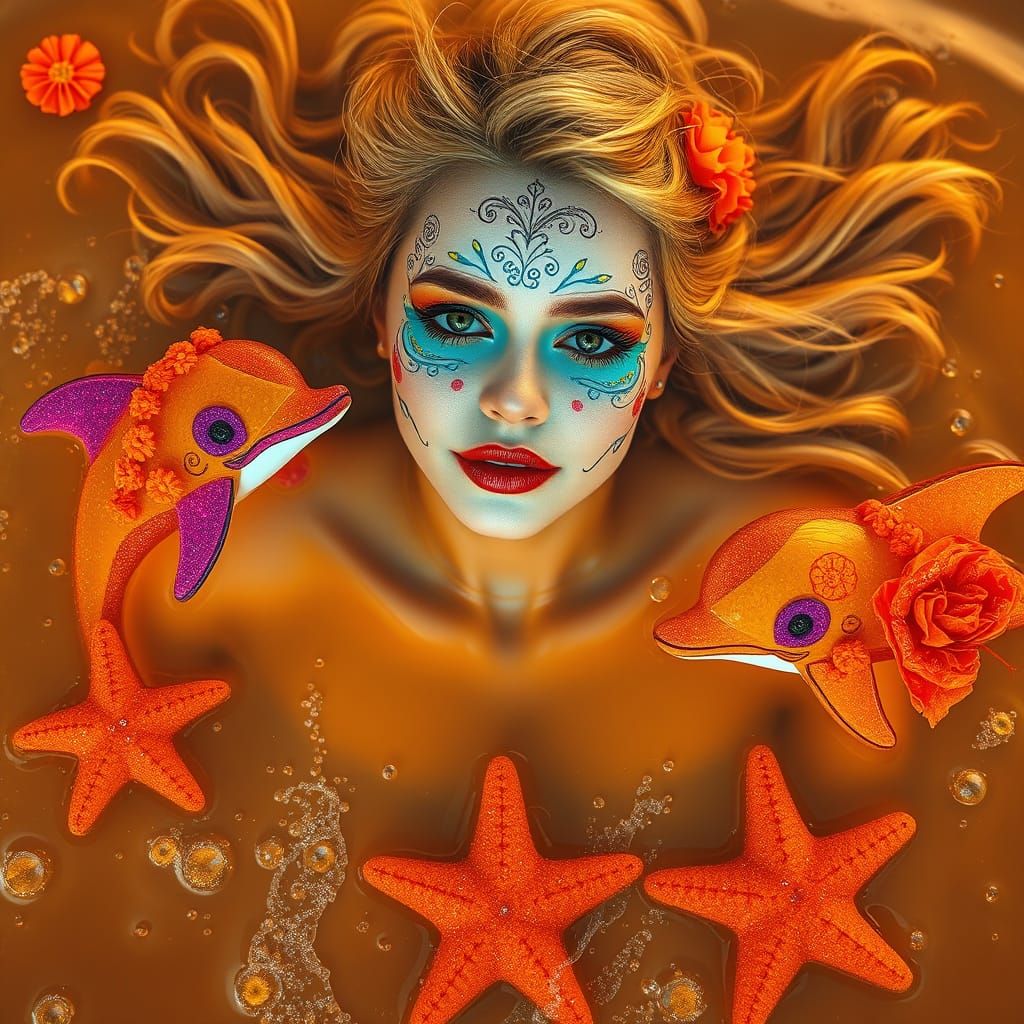 Golden-Haired Woman on Soda Sea with Candy Dolphins