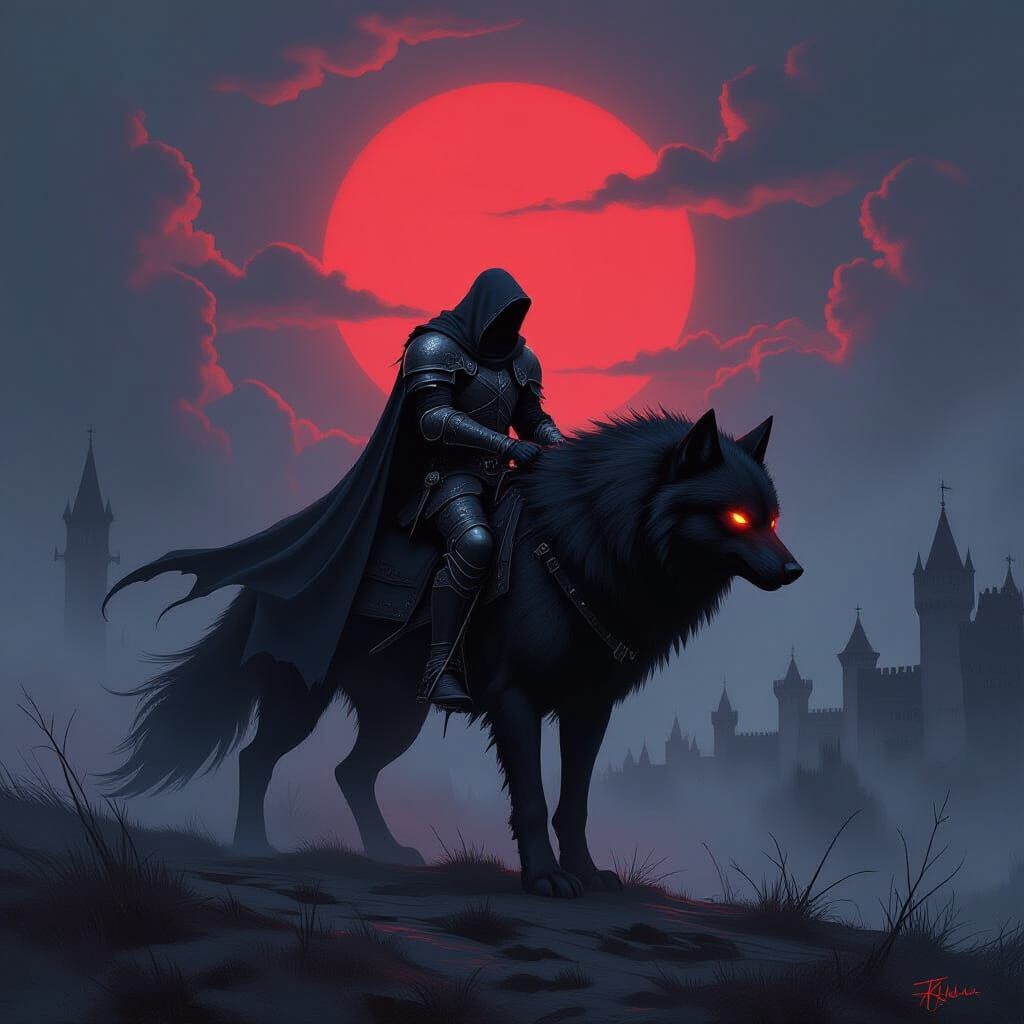 Knight on Dark Wolf in Misty Battlefield