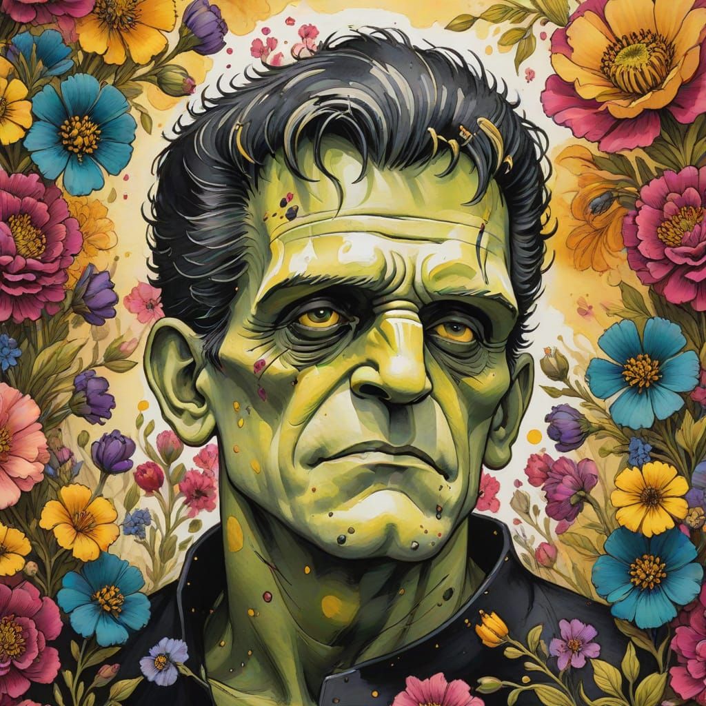 Frankenstein with Flowers in Ink Painting Style