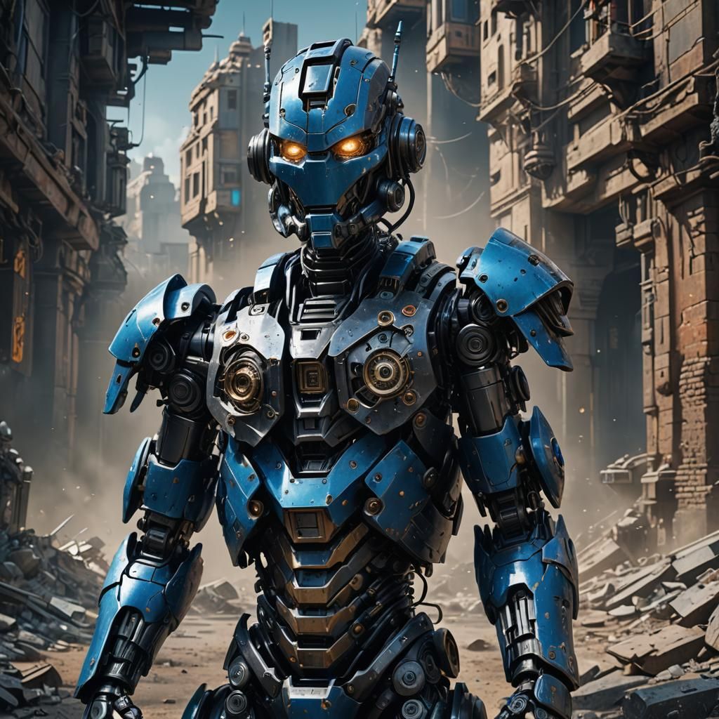 Hyperrealistic Robot in Black and Blue Armor
