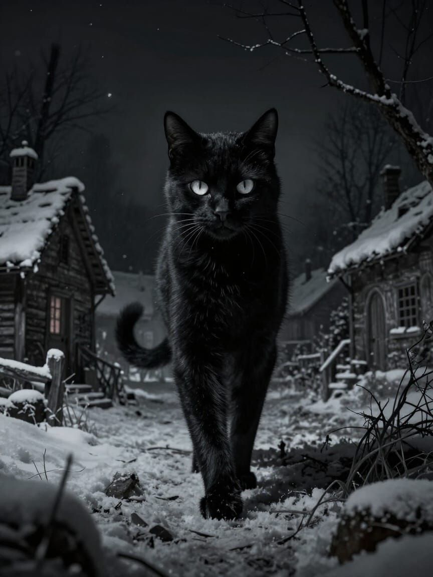 Spectral Yule Cat Haunts Snowy Village with Malevolent Glow