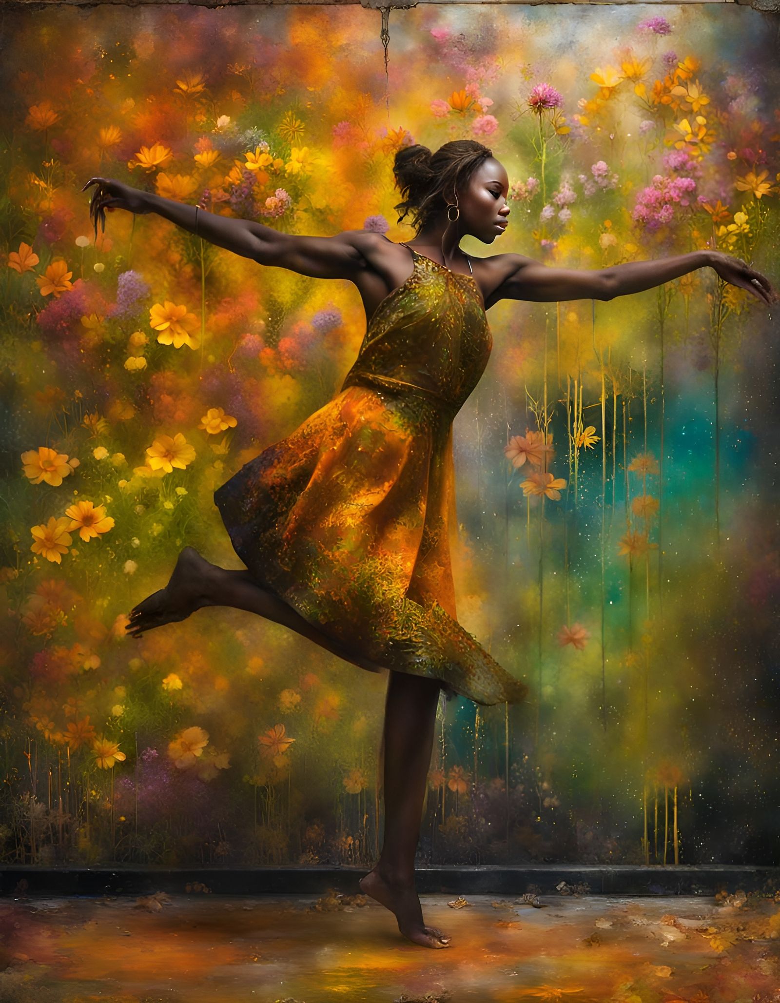 Vivid Flower Graffiti on Abandoned Building