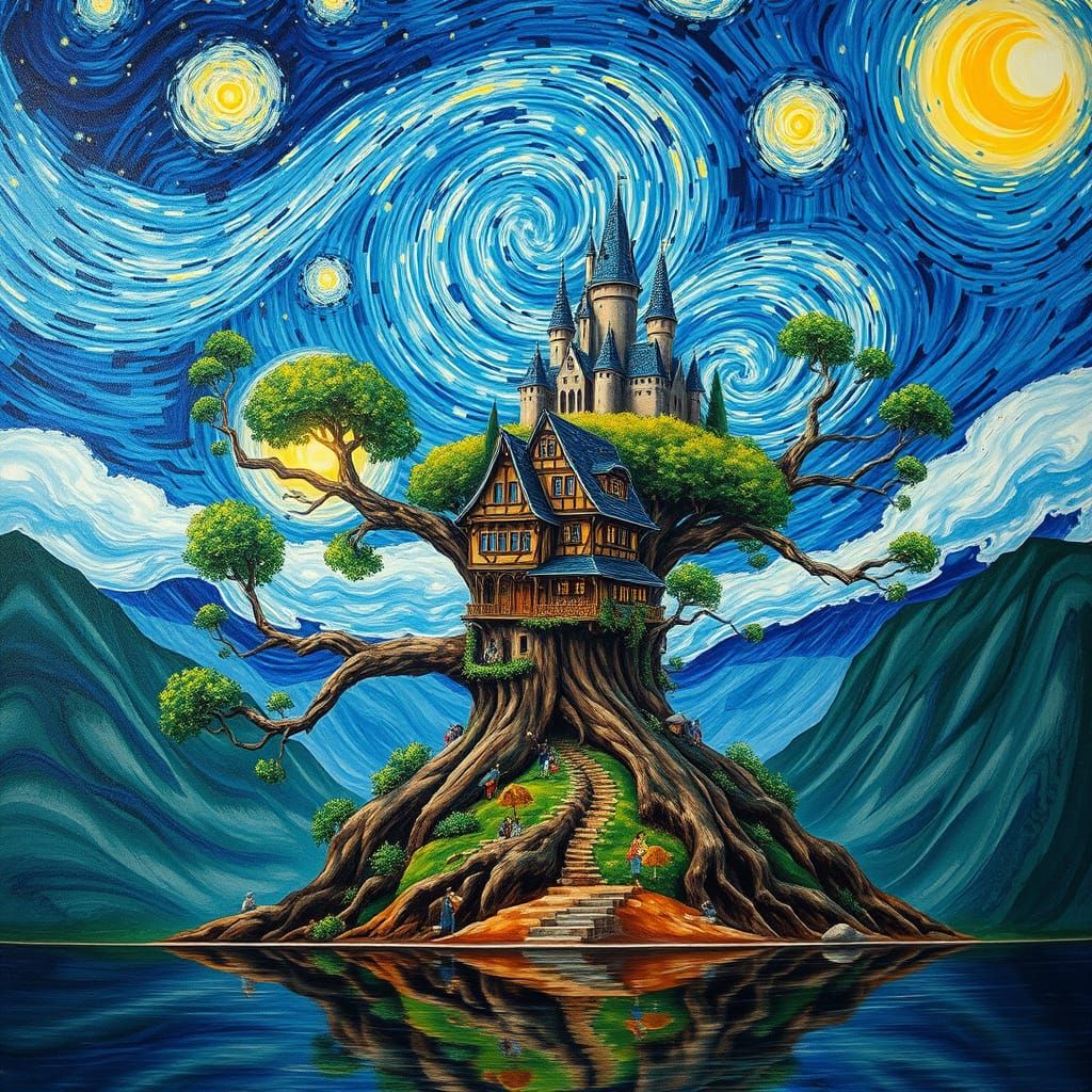 Enchanted Village Amidst Ancient Tree and Starry Skies