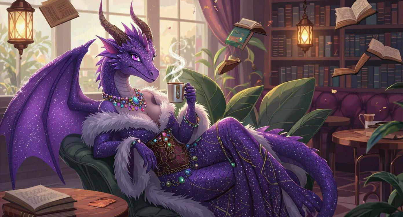 Purple Dragon Lounging in Cafe, Mystical Realism