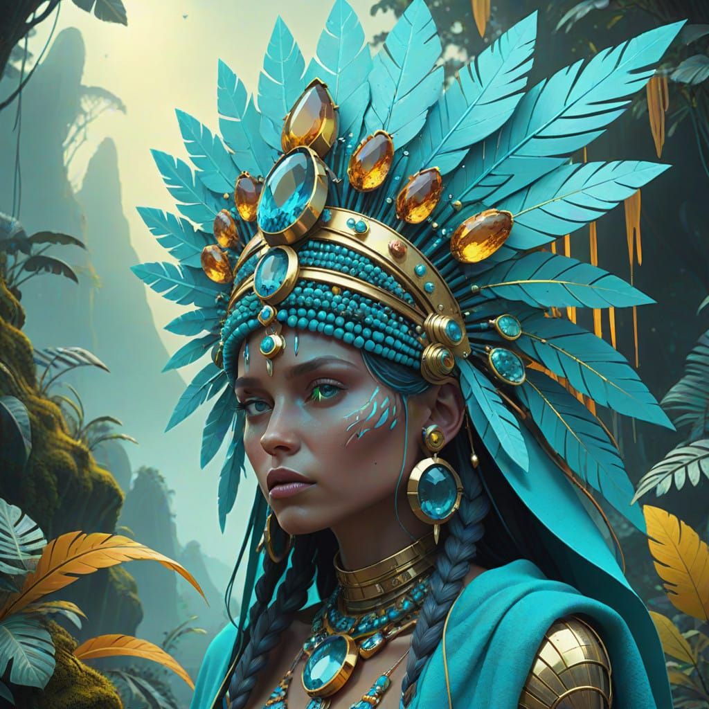 Amazonian Gemstone Warrior in a Vibrant Jungle Paradise