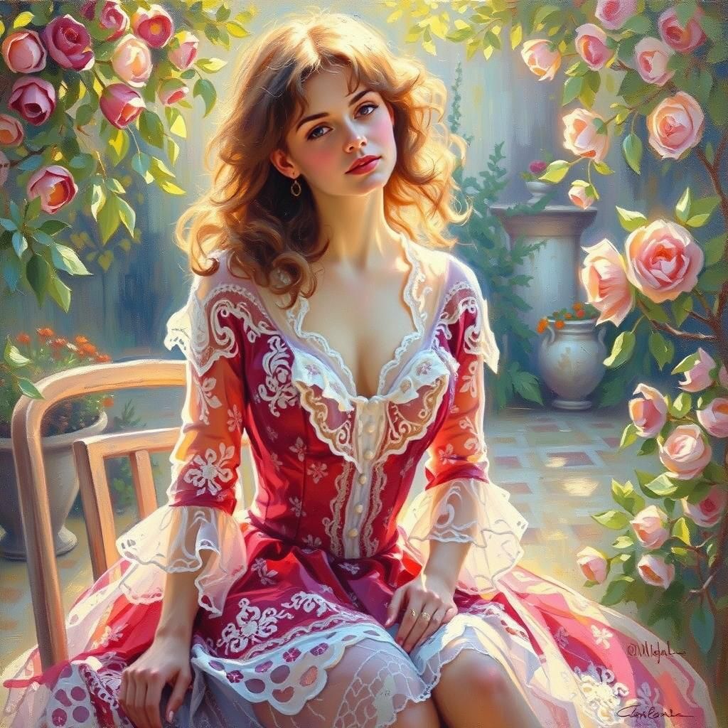 Impressionist painting, stunning woman in red and white dres...