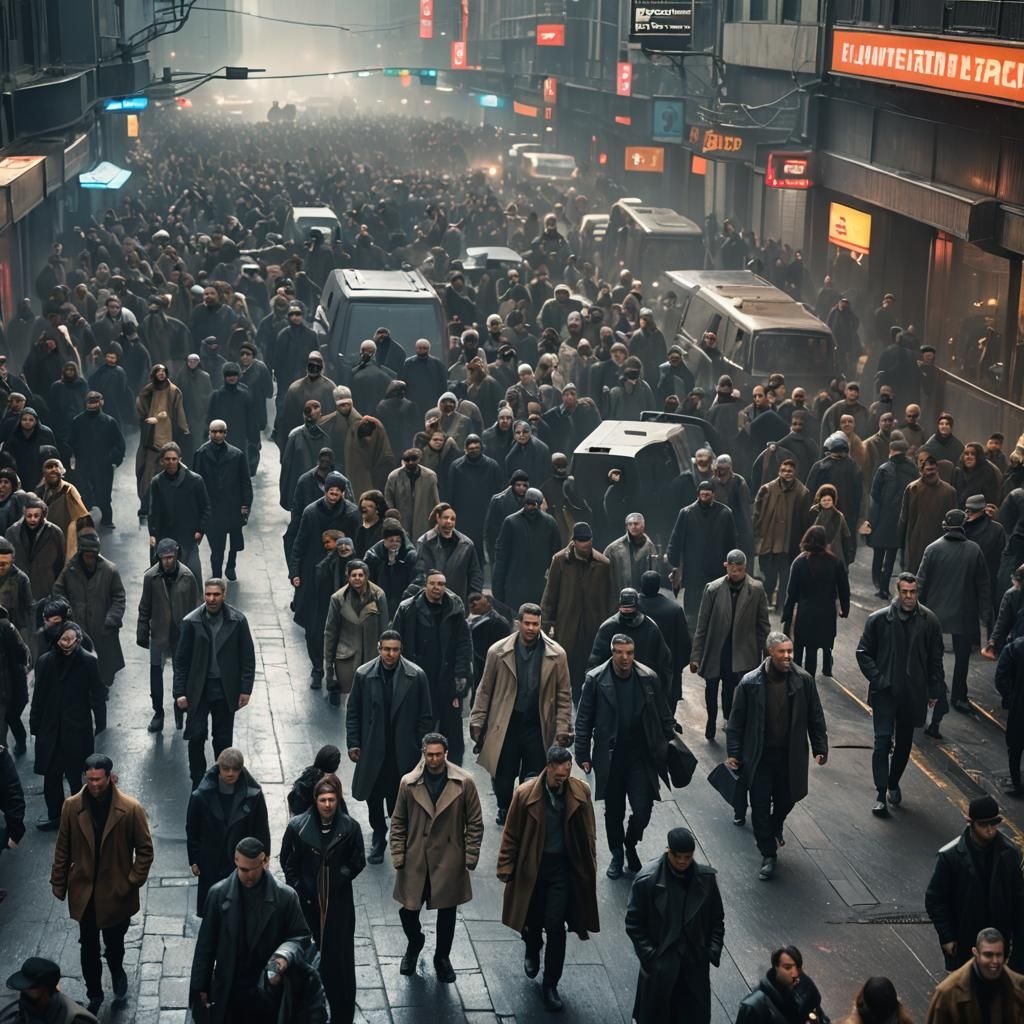 Hyperrealistic Dystopian Scene with Robots Reading