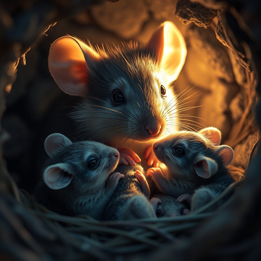 Mother Mouse with Newborns in Cozy Whimsical Home