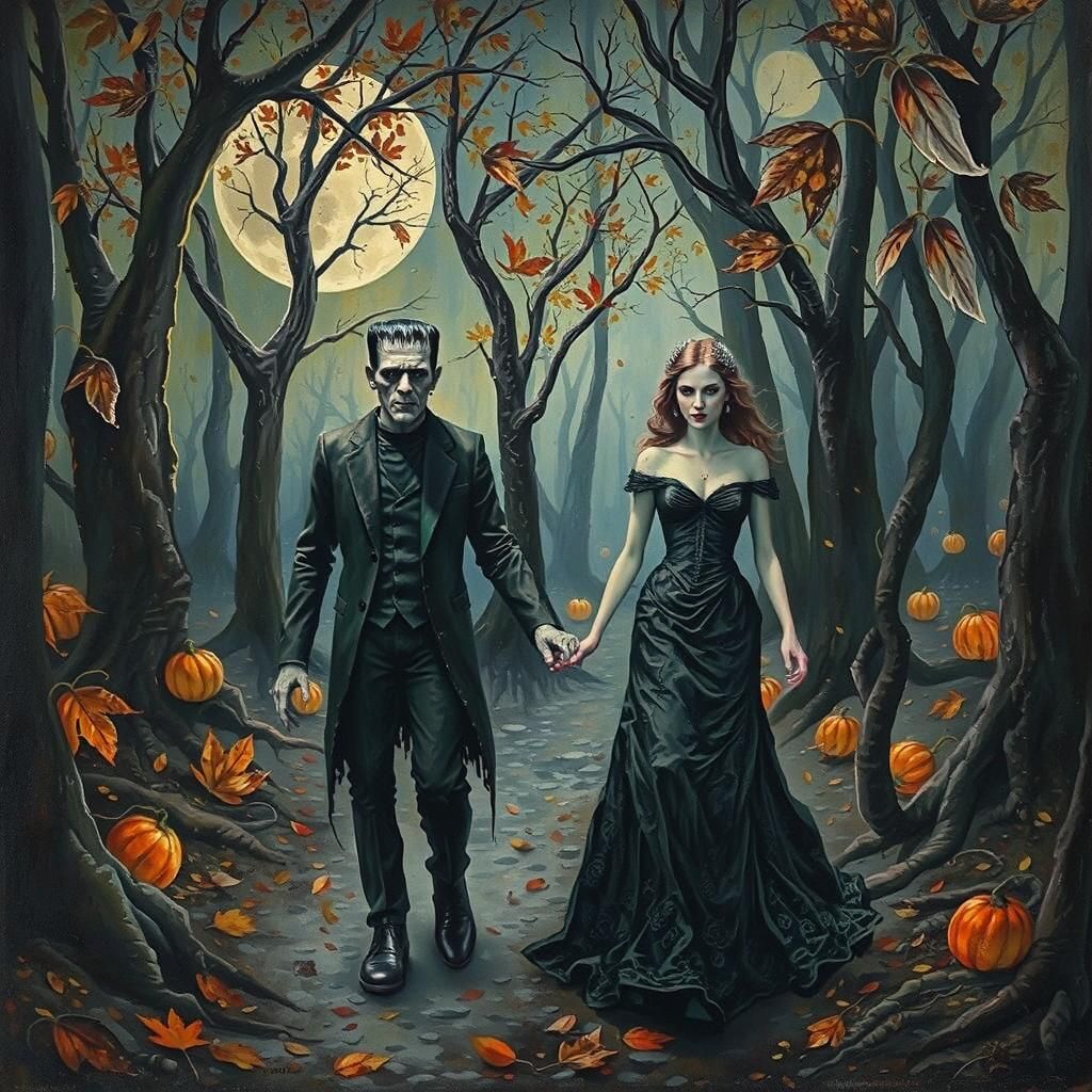 Monster and Bride Stroll on Halloween: Impasto Watercolor