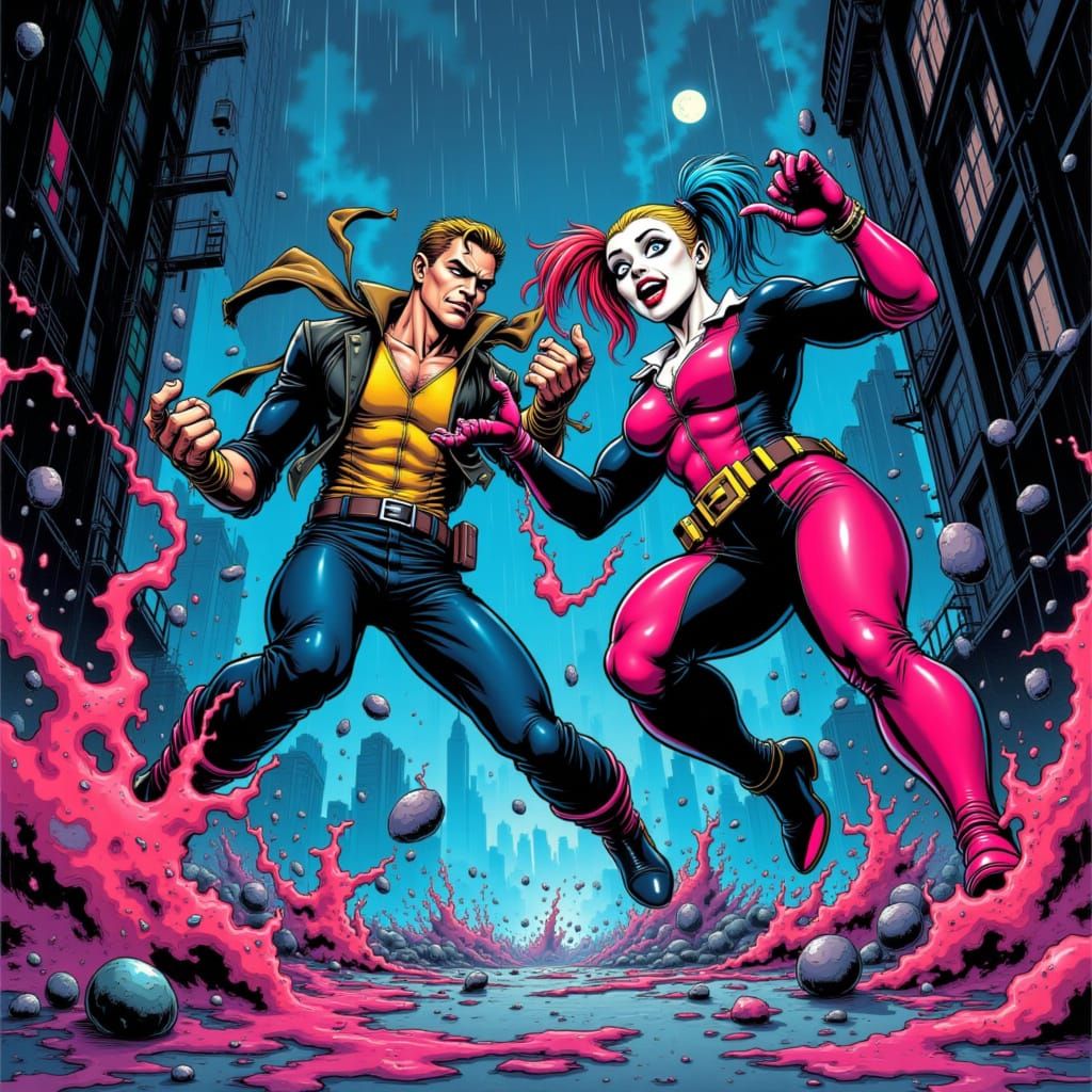 Superhero Battle in Gritty Alleyway Comic Art