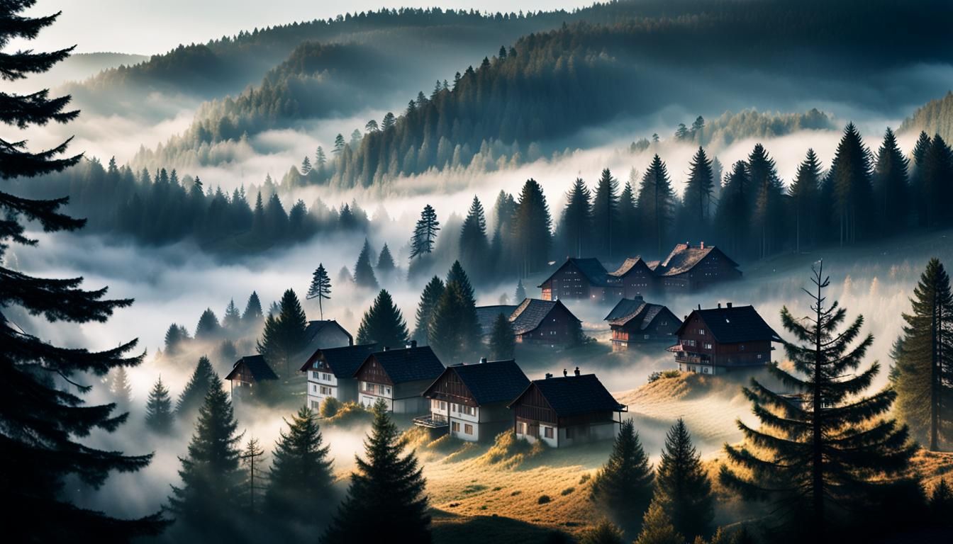 Misty Sunrise Over Old Black Forest Village