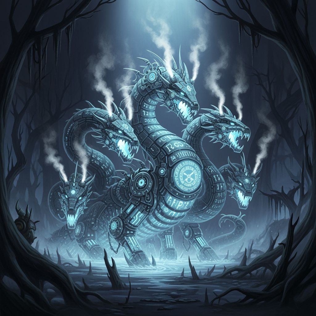 Clockwork Hydra Rising: A Dark Fantasy Engraving