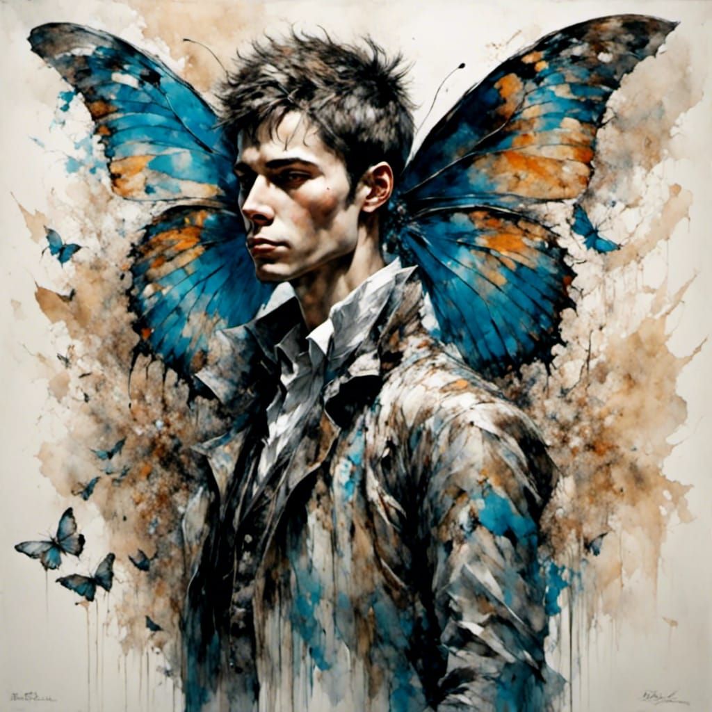 Man with Butterfly Wings in Woodsplash Style