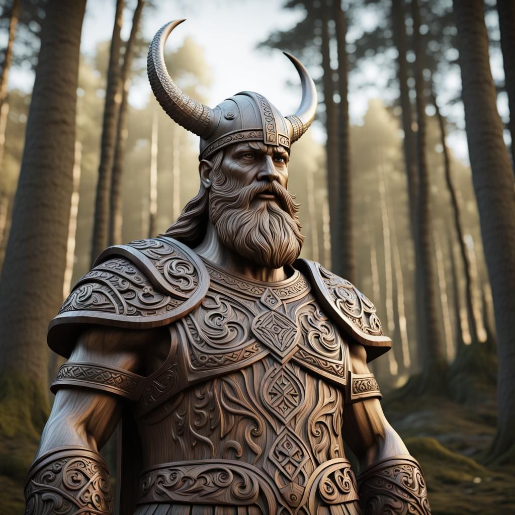 Ornate Wood Carved Viking Statue in Forest