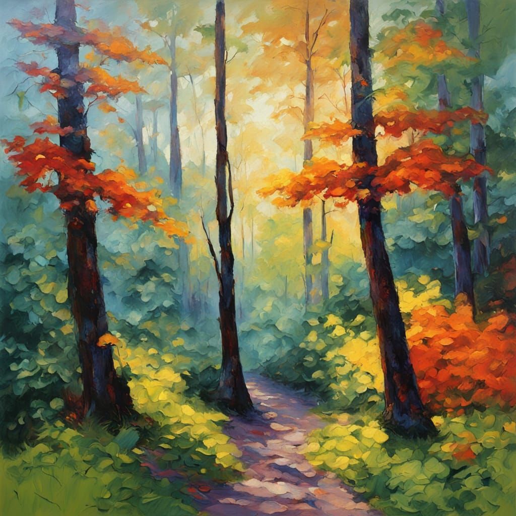 Impressionist Forest Scene with Dappled Sunlight