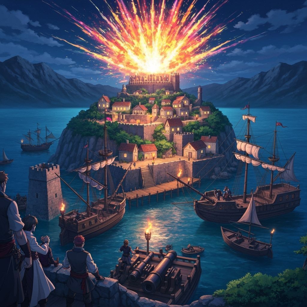 Anime Fireworks Exploding Over Pirate Harbor at Night