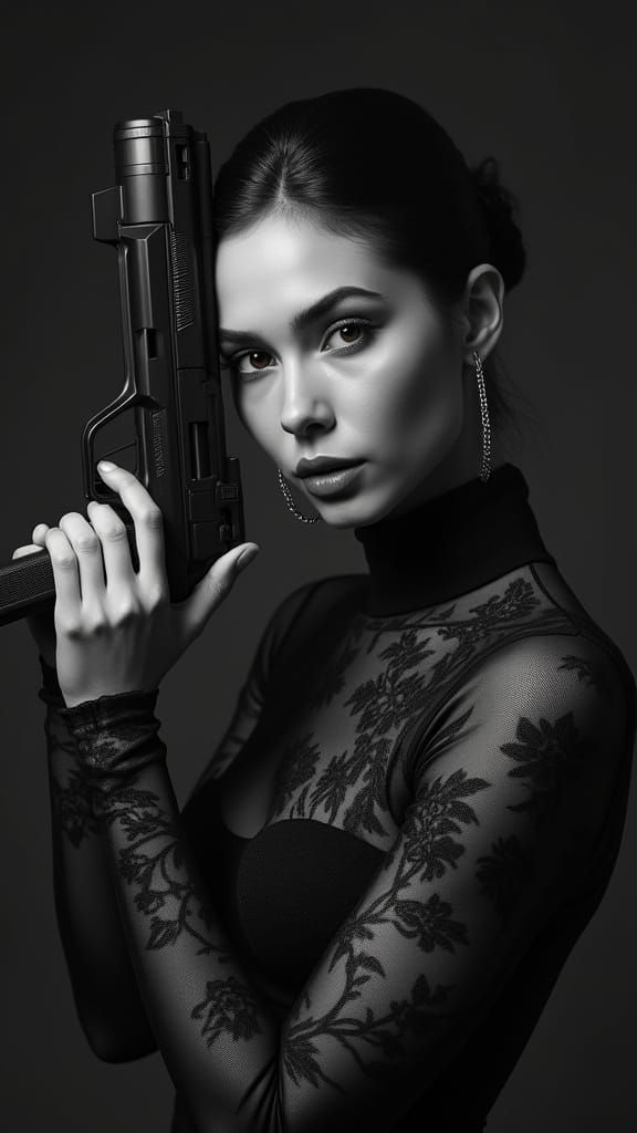 Grayscale Portrait of a Secret Agent Holding Pistol
