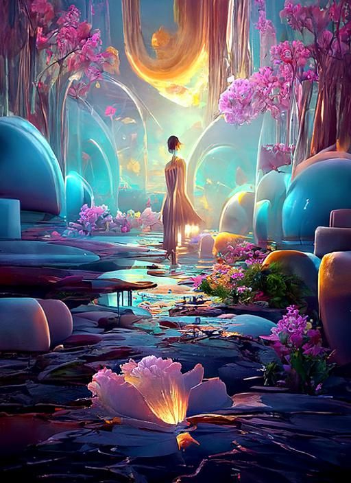 Astral Zen Garden with Cherry Blossoms in Fantasy Art Style