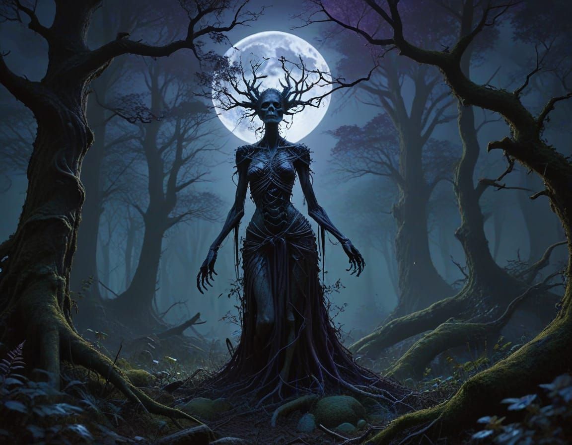 Gothic Hag Dominates Dark Forest Under Full Moon
