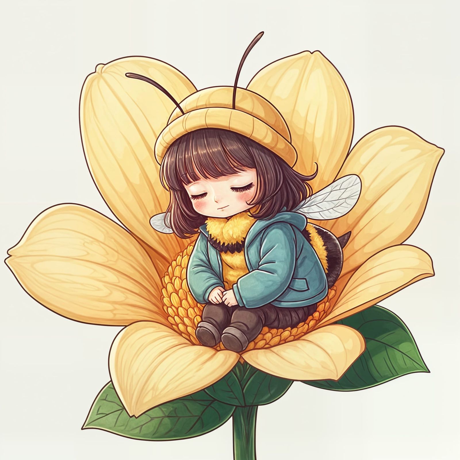 Sleepy Bumblebee Dreaming in Flower, Manga Style