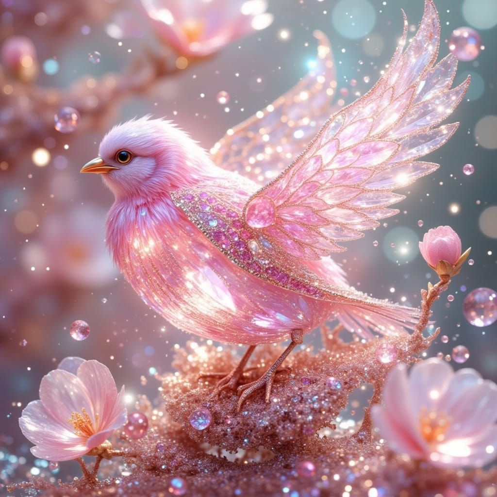 Luminous Tourmaline Bird in Whimsical, Glittering Splendor