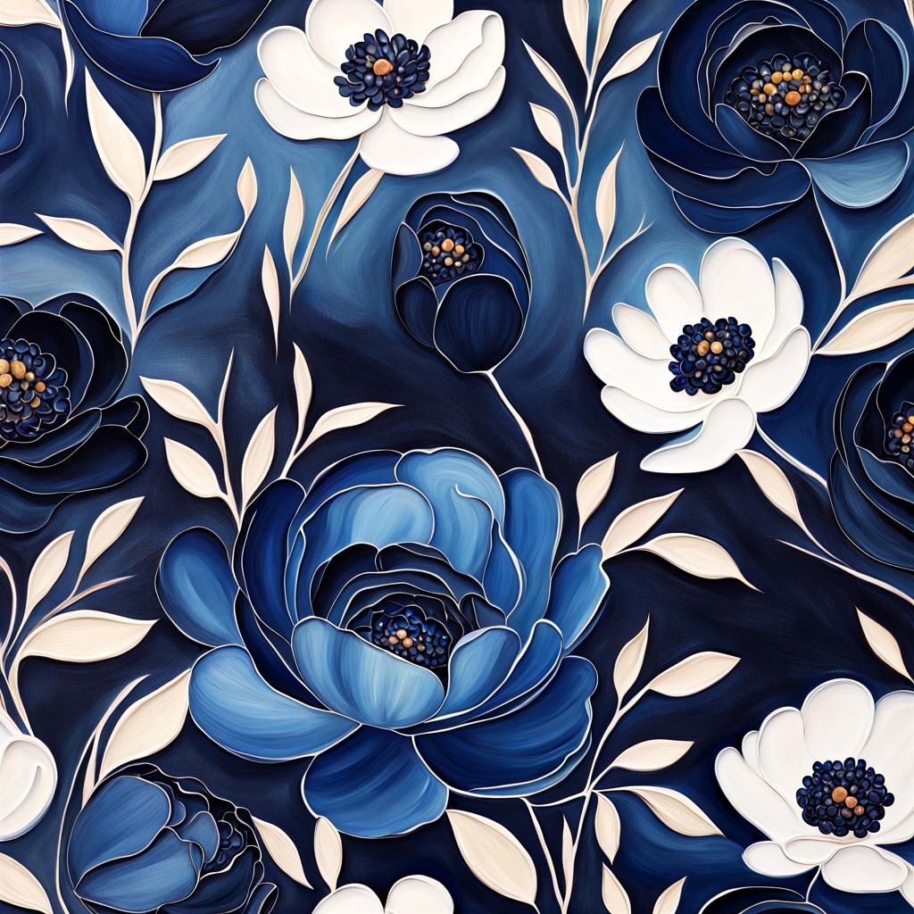 Blue Peonies Pour Painting in Outsider Art Style