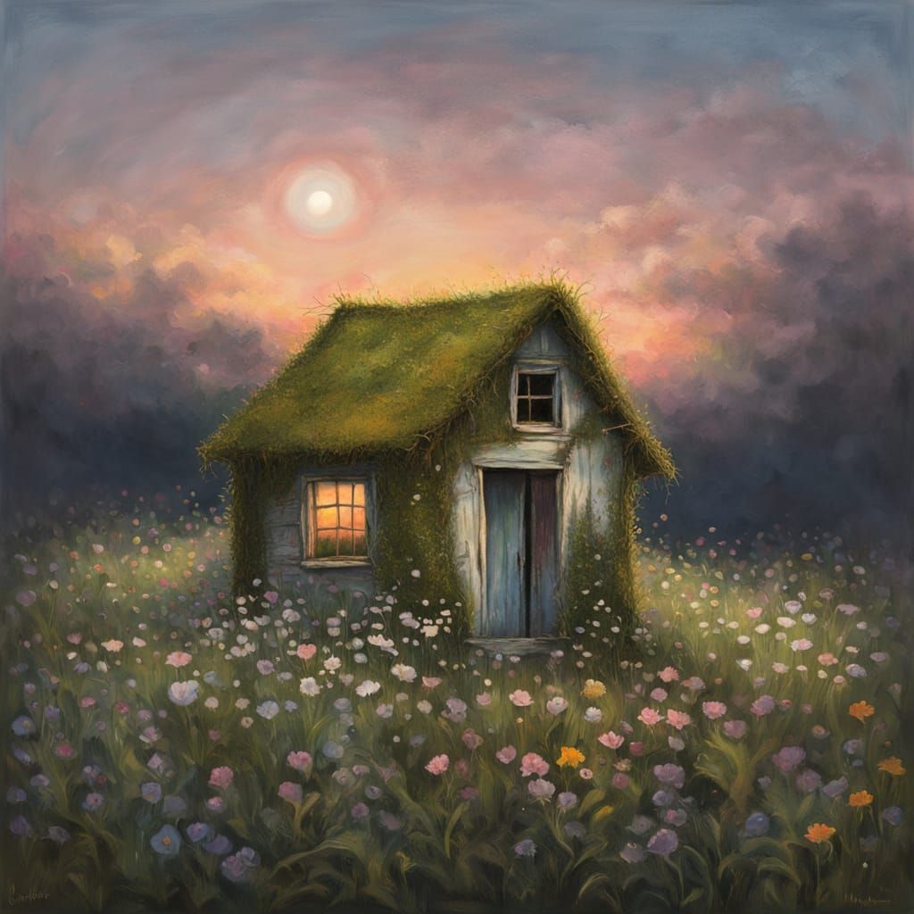 Abandoned Hut in Wildflower Field Under Twilight Sky