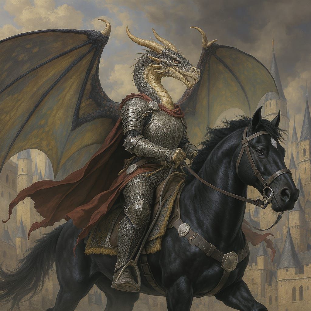 Dragon Rider in Medieval City, Dark Fantasy Art