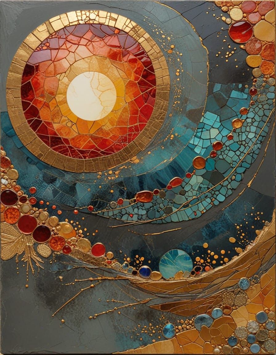 Vibrant Ocean Sunset in Thick Textured Encaustic Impasto Sty...