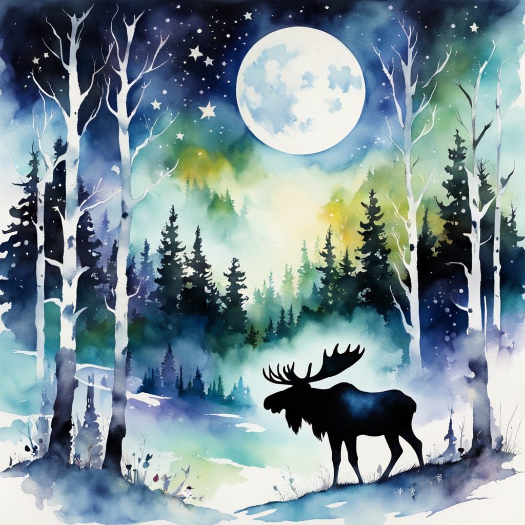 Silhouette Birches, Kit Williams, Willem Haenraets, moon, stars a moose, northern lights watercolor alcohol, znetangle