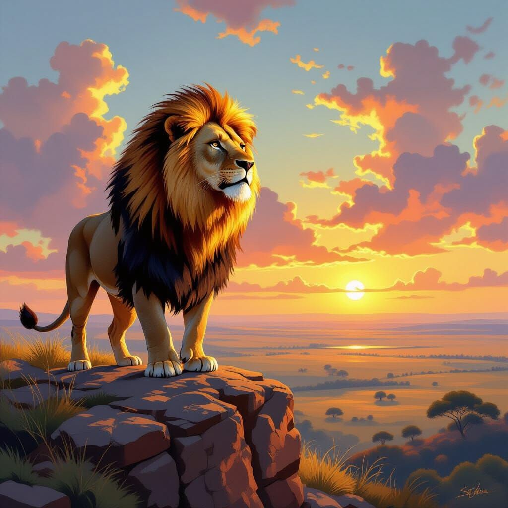 Lion with Fiery Mane Overlooking Savanna