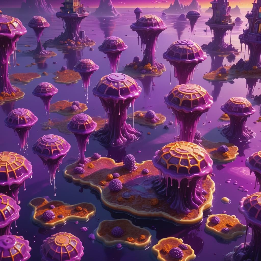 Purple Jelly Ocean with Waffle Islands: Digital Matte Painti...