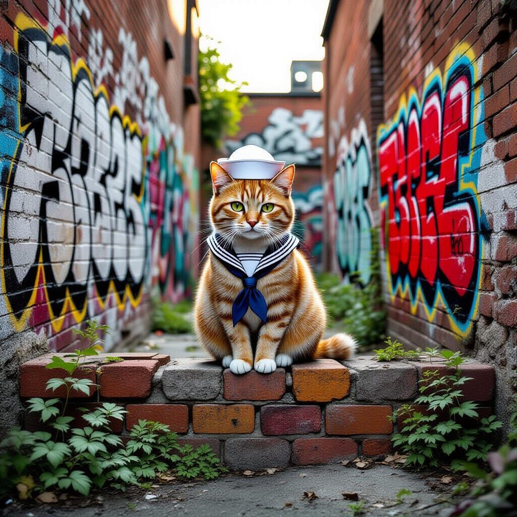 Lone Cat in Sailor Hat on Urban Wall - Graffiti Art