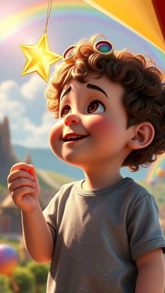Toddler and Golden Star in 3D Pixar Cartoon Style