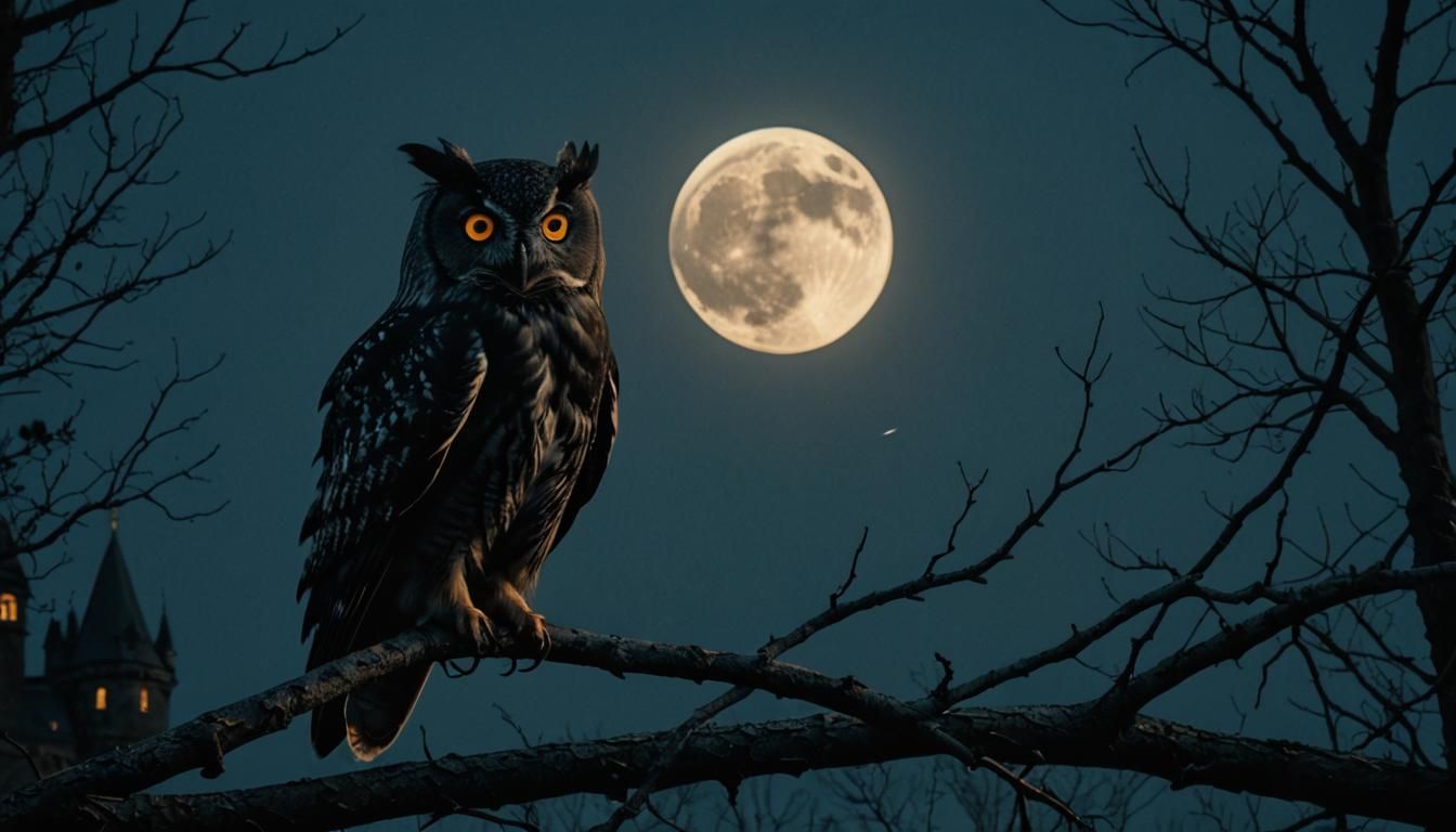 Eerie Black Owl Perched at Midnight, Cinematic Still