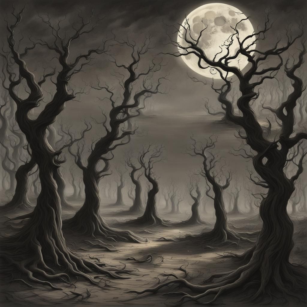 Desolate Landscape with Skeletal Trees and Ominous Moon